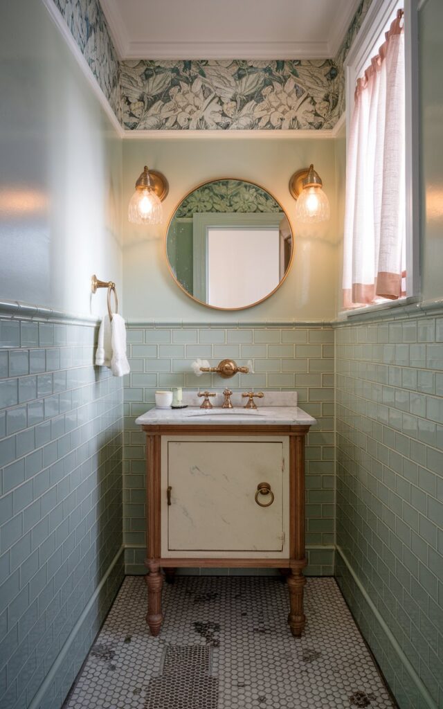 A photo of a vintage powder room with soft pale green tiles covering half the walls in a classic subway layout. Warm brass fixtures, including a round mirror frame, faucet, and towel ring, add a luxe glow against the gentle green backdrop. The vanity is a petite wooden piece painted creamy white with a marble countertop. Patterned encaustic floor tiles bring a subtle pop of color, while a vintage-style sconce with frosted glass shades casts a warm bright light. Floral wallpaper above the tile and a delicate porcelain soap dish complete the charming blend of vintage and modern vibes. Curtained window, allowing mild light.