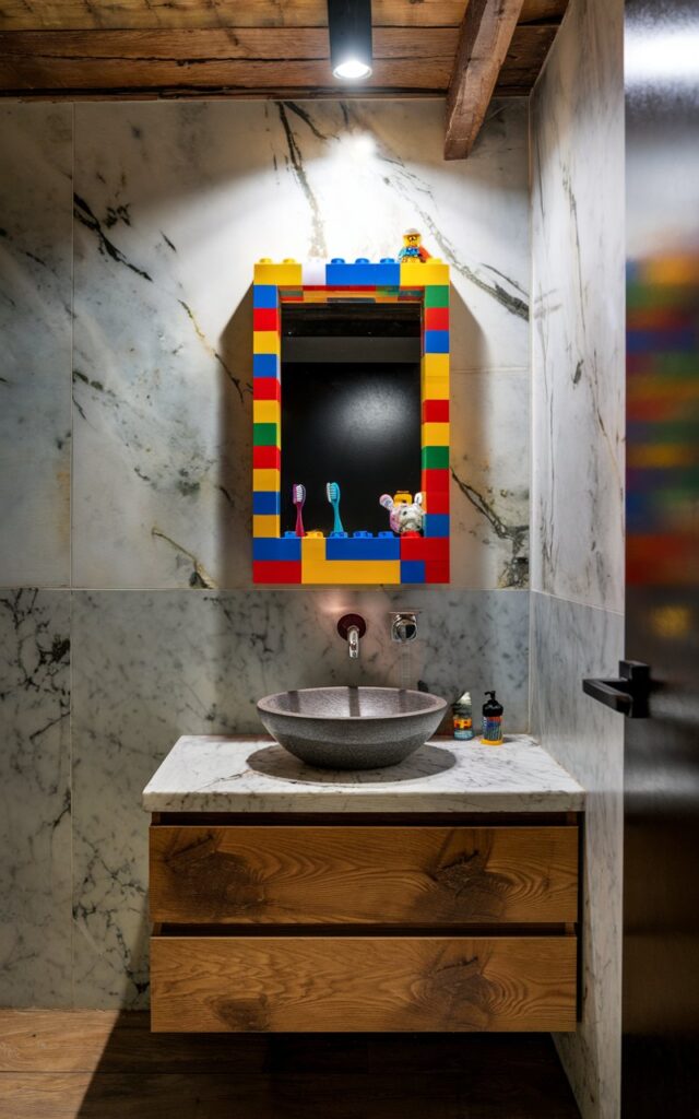 A photo of a modern art deco kids' bathroom with a playful twist. The mirror is uniquely framed with colorful LEGO bricks, blending childhood whimsy with raw, earthy textures. The LEGO frame holds toothbrushes in built-in nooks, tiny containers for hair ties, and even little minifigs peeking out playfully. The backdrop is a marble wall with a matte finish, adding texture and warmth. The vanity is a vessel basin resting on a marble countertop, and the floor is wood tile. Soft overhead lighting casts a cozy, cabin-like glow, perfectly balancing rustic calm with imaginative fun.