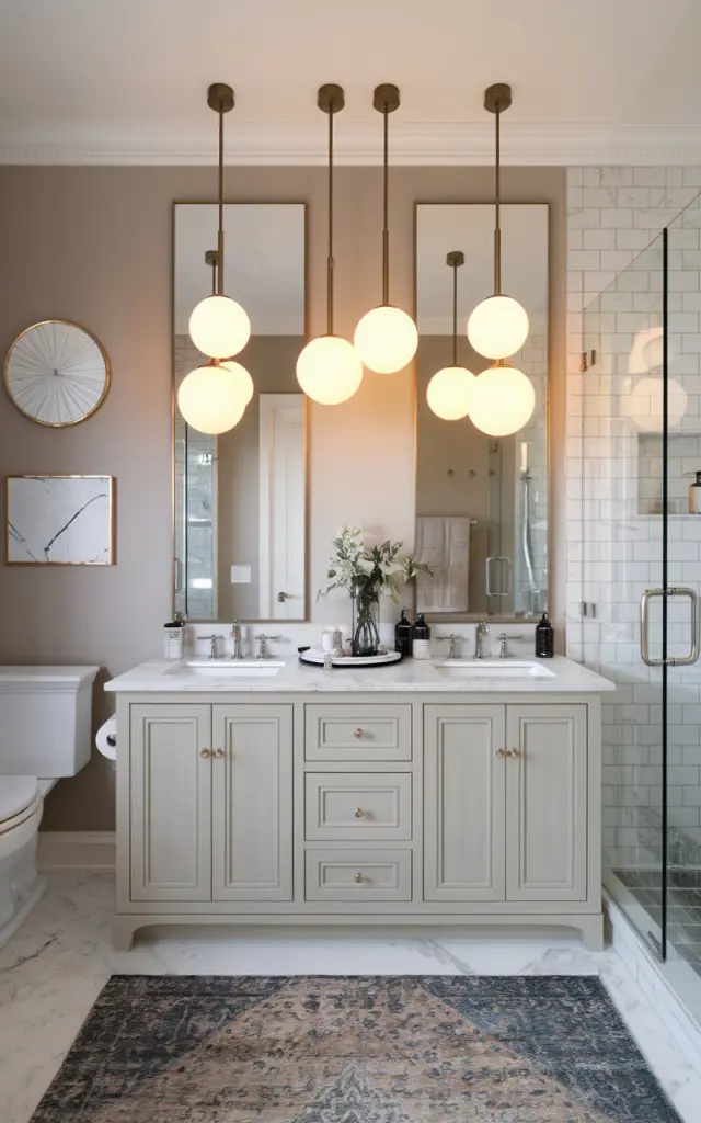 A photo of a polished Glam + Transitional bathroom with a vanity having 2-3 frosted glass globe pendant lights (Warm light on) hanging at varying heights. The staggered arrangement adds sculptural drama without overwhelming the soft, neutral palette. Classic crown molding, marble countertops, and tailored cabinetry ground the space, while the playful lighting creates movement, luxury, and a little bit of sparkle in every glance. The bathroom also has a toilet, shower area, floor rug, etc. The vanity is fully furnished. Only from pendant lights; no natural light.