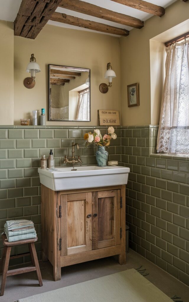 A photo of a quaint English countryside bathroom with soft olive green tiles stacked vertically on the lower walls. The vertical alignment subtly draws the eye upward, creating the illusion of higher ceilings in the cozy, low-ceilinged space. The upper walls are painted a warm cream for that charming country feel. The vanity is a repurposed pine cabinet with a porcelain sink and antique brass taps. Wooden ceiling beams and vintage lace curtains add to the warm, inviting countryside ambiance. A small stool holds folded linen and fresh-cut garden flowers.