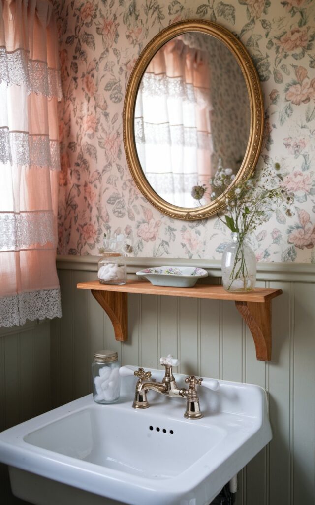 A photo of a quaint English countryside bathroom with floral wallpaper in soft sage and blush tones. Above a vintage ceramic sink with cross-handle taps, a narrow wooden ledge in warm oak is mounted beneath a gilded oval mirror. The ledge holds everyday essentials: a floral porcelain soap dish, a glass jar of cotton pads, and a small posy of wildflowers in a milk glass vase. Beadboard paneling and lace-trimmed curtains complete the look, creating a space that feels charming, functional, and delightfully lived-in. Natural light is soft, ambient.