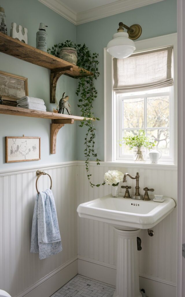 A photo of a quaint farmhouse powder room with soft robin's egg blue wallpaper. The lower walls are lined with white beadboard wainscoting. Rustic wooden shelves hold vintage decor and greenery. There's a classic pedestal sink and antique brass fixtures. A small window with a simple linen curtain allows natural light to filter in, enhancing the warm, homey feel of the space.
