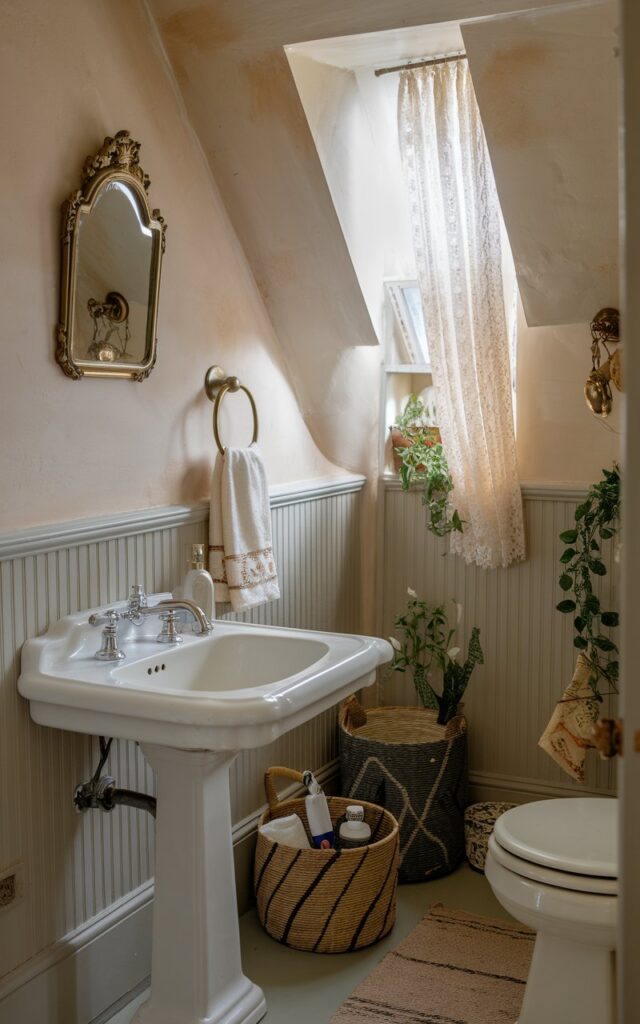 A photo of a vintage powder room with a classic white pedestal sink. The sink has elegant ceramic cross handles and is placed against soft, pale-colored walls with subtle beadboard wainscoting below. Above the sink, there's a small gilded mirror with intricate detailing. The room is cozy but sophisticated, with antique brass towel rings and a delicate lace curtain softly filtering light from a narrow window. The space also contains a toilet, woven baskets with essentials, a few plants, and a floor rug.