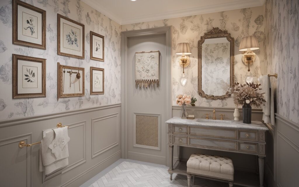 A photo of a traditional and chic bathroom with elegant detailing and timeless wall decor. The walls feature classic wainscoting on the lower half, painted in a soft ivory or dove gray, with the upper half adorned in delicate toile wallpaper or hand-painted floral motifs. Above a marble-topped vanity with gold fixtures, an ornately framed mirror is centered between two vintage-inspired sconces (with light on) with fabric shades. One wall displays a small gallery of gold and wood-framed art prints—botanicals, silhouettes, and old-world sketches—arranged in balanced symmetry. Subtle touches like a framed embroidered textile, a shadowbox with antique keys, and a mounted ceramic vase with dried blooms add layers of quiet charm. Herringbone tile flooring, plush towels, and a tufted stool finish the look with polish and poise. Natural light is soft, ambient.