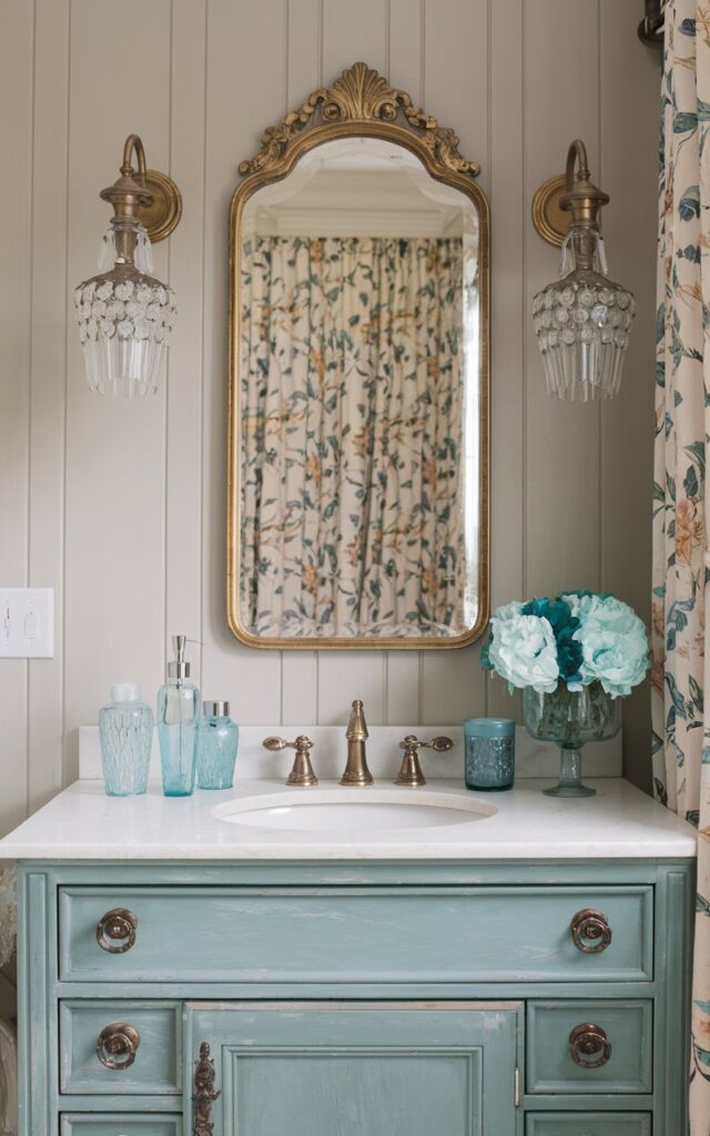 A photo of a refined countryside-glam bathroom with a vintage-inspired vanity, paneled walls, and a gilded mirror. The room features floral textiles and crystal lighting. Delicate ocean-toned glass accessories, including soap dispensers, jars, and vases in seafoam and aqua, bring a soft coastal whisper to the space. The subtle shimmer of the glassware catches the light, adding elegance without overwhelming the rustic charm.