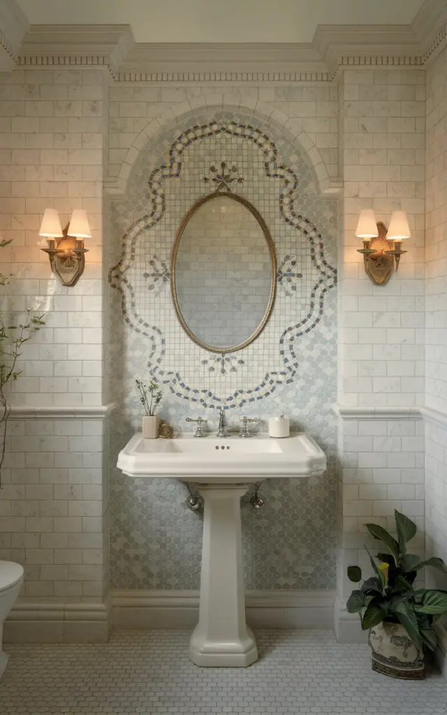 A photo of a refined traditional-style bathroom with a mosaic tile accent wall as a timeless focal point. The mosaic is composed of small ceramic or stone tiles arranged in a classic medallion, floral, or arabesque pattern in shades of cream, soft blue, and antique gold. It's installed behind a pedestal sink, framed with molding for an elegant finish. The rest of the bathroom includes marble or hexagonal floor tiles, crown molding, a gilded mirror, and vintage-style sconces (Warm light on). Add a few plants. Natural light is soft, filtered.