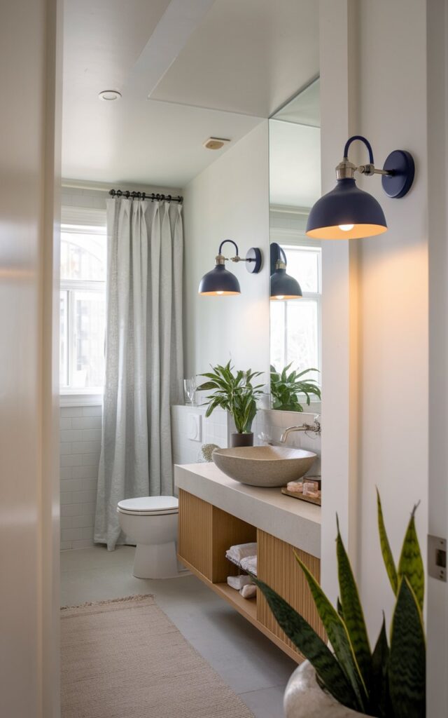 A photo of a refined yet contemporary bathroom. The focal point is a set of navy blue or cool steel blue sconces, finished in rich navy or cool steel blue. The sconces hang gracefully above a minimalist vanity, casting a warm, ambient glow. The surrounding palette is neutral—white walls, light stone countertop, soft gray tile—allowing the blue tones to subtly steal the show. The bathroom has a toilet, curtained window, floor rug, and a few plants. The room is well-lit and has a clean, modern design.