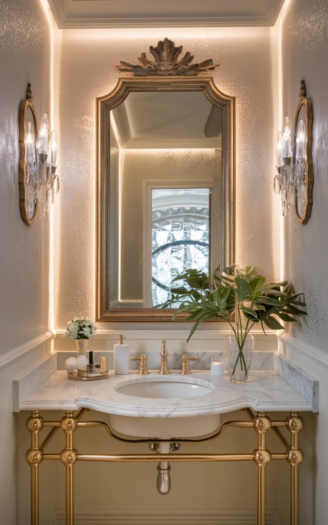 A photo of a regal powder room where elegance meets subtle drama. A grand, ornately framed mirror is gently backlit with warm LED strip lights, casting a soft glow on the richly textured white walls. The lighting adds depth and a halo effect, making the space feel opulent and inviting. Marble countertops, gold accents, and luxe wallpaper complete the look, turning a small room into a jewel-box retreat fit for royalty. Add a few plants.