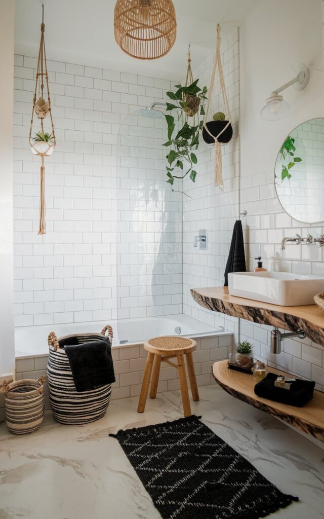 A photo of a modern Boho bathroom with crisp white subway tile walls and a matte white marble floor. The floor is layered with plush black towels and a textured patterned black rug for cozy, grounded contrast. Natural materials like rattan baskets, a bamboo stool, and a live-edge wood shelf with essentials add warmth and organic charm. A mix of hanging plants and macramé accents softens the monochrome palette. The ceiling has a woven pendant light.