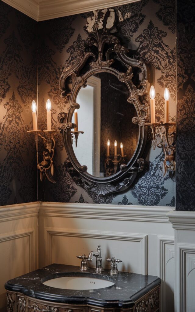 A photo of a Victorian-style bathroom with a richly detailed design. There is a vintage black mirror with an intricate baroque frame hanging above a marble-topped vanity. The space is dressed in white paneling and deep charcoal wallpaper with damask patterns. Elegant brass sconces with soft candle-style bulbs flank the mirror, casting a warm, moody glow.