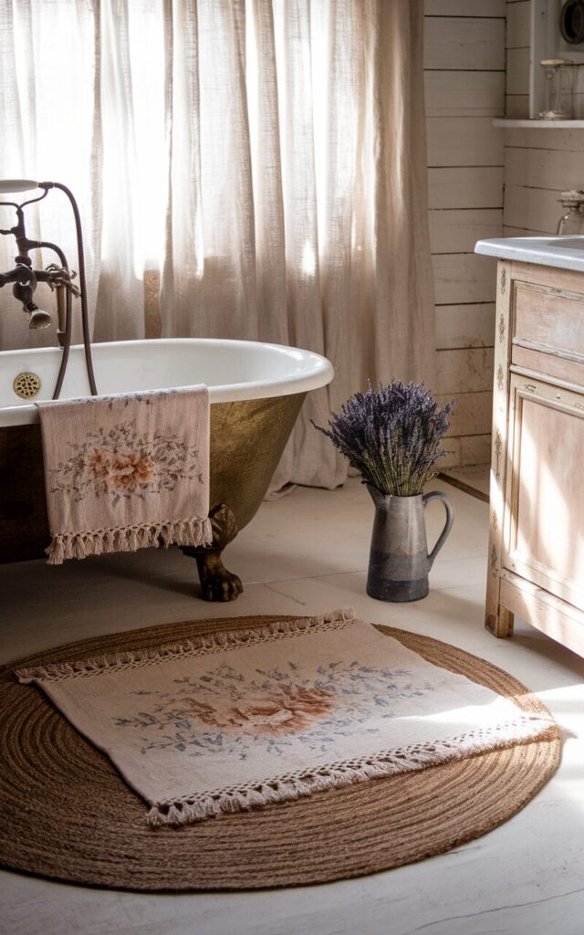 A photo of a romantic French country bathroom with a soft, layered rug arrangement. There's an earthy jute rug as the base and a faded floral cotton rug with fringe delicately placed on top. The rugs sit beneath a vintage clawfoot tub with antique brass fixtures. Whitewashed walls, a distressed wood vanity, and a bouquet of dried lavender in a ceramic pitcher complete the rustic, elegant look. Natural light pours through sheer linen curtains, casting a warm glow across the space.