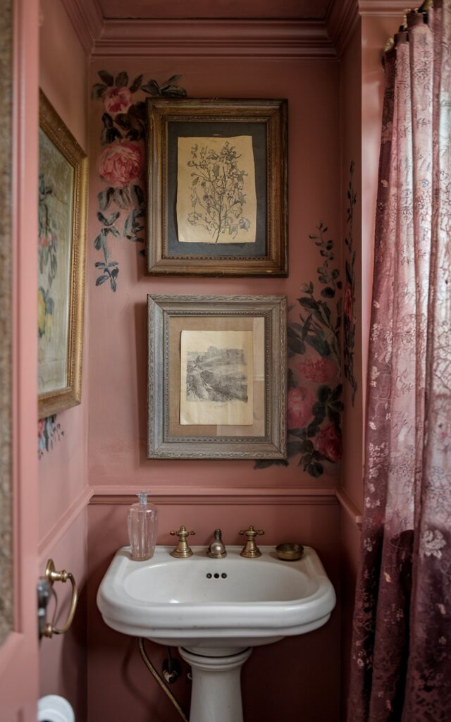 A photo of a vintage bathroom with walls painted in a soft, muted dusty rose. The room has a warm, inviting atmosphere and is rich with old-world charm. Two framed art pieces hang above a pedestal sink. One is a faded botanical print, and the other is a vintage sketch of a landscape. Both are in aged gold or wooden frames with a slight patina. The rose-toned walls provide a cozy backdrop for brass fixtures, a lace curtain, and subtle floral accents throughout the space. The room feels elegant and nostalgic, like stepping into a vintage painting come to life.