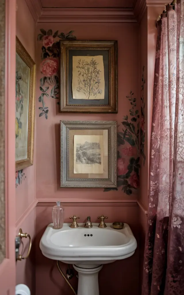 A photo of a vintage bathroom with walls painted in a soft, muted dusty rose. The room has a warm, inviting atmosphere and is rich with old-world charm. Two framed art pieces hang above a pedestal sink. One is a faded botanical print, and the other is a vintage sketch of a landscape. Both are in aged gold or wooden frames with a slight patina. The rose-toned walls provide a cozy backdrop for brass fixtures, a lace curtain, and subtle floral accents throughout the space. The room feels elegant and nostalgic, like stepping into a vintage painting come to life.