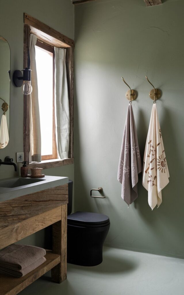 A photo of a rustic minimalistic bathroom with a vanity, toilet, and curtained window. The bathroom has a rustic vibe with raw wood accents, matte black fixtures, and natural stone elements. The walls are soft sage green, and there are simple metallic brass wall hooks instead of bulky towel bars. The hooks have a warm, aged brass finish and are mounted on the walls. Hanging from the hooks are embroidered towels in muted beige or off-white. The bathroom has clean lines and thoughtful simplicity. The natural light is soft, ambient, and filtered.
