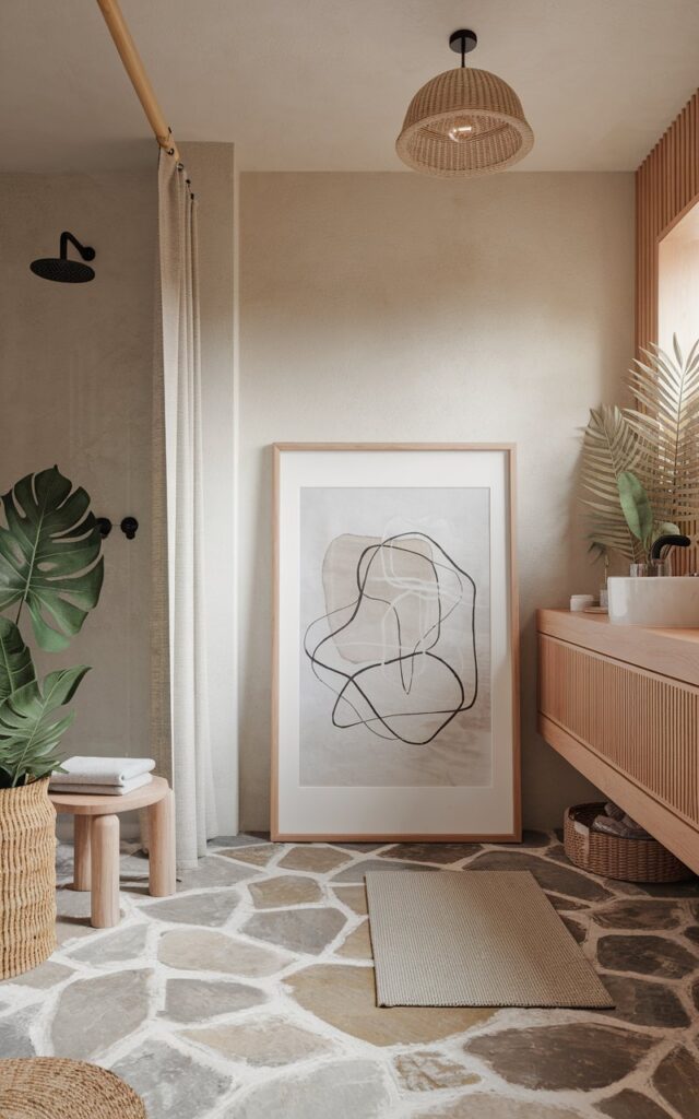 A photo of a serene Balinese-Japandi fusion bathroom with organic textures and minimalist elegance. An oversized framed artwork with abstract line art, a muted landscape, or soft brushstroke design in neutral tones leans casually against a smooth plaster wall beside a floating vanity. The artwork is framed in natural light wood, complementing the calm palette of beiges, taupes, and soft whites. Surrounding elements include river stone flooring, warm teak accents, a linen stool, woven storage basket, and tropical greenery like a monstera or banana leaf plant. Soft, diffused natural light fills the tranquil, spa-like space. The bathroom has a shower area, floor rug, curtained window, and ceiling pendant light.