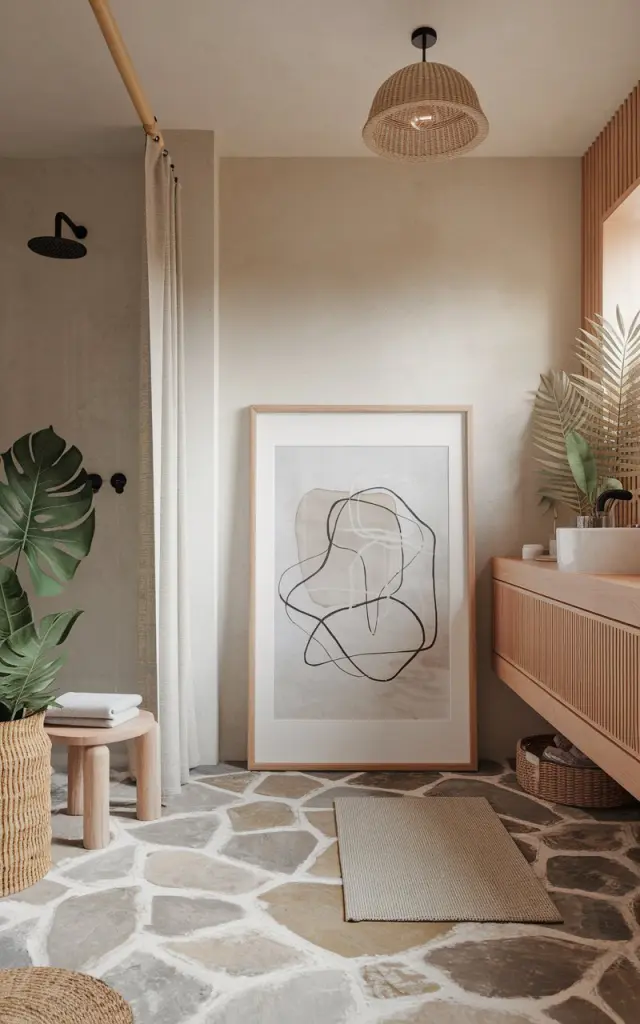 A photo of a serene Balinese-Japandi fusion bathroom with organic textures and minimalist elegance. An oversized framed artwork with abstract line art, a muted landscape, or soft brushstroke design in neutral tones leans casually against a smooth plaster wall beside a floating vanity. The artwork is framed in natural light wood, complementing the calm palette of beiges, taupes, and soft whites. Surrounding elements include river stone flooring, warm teak accents, a linen stool, woven storage basket, and tropical greenery like a monstera or banana leaf plant. Soft, diffused natural light fills the tranquil, spa-like space. The bathroom has a shower area, floor rug, curtained window, and ceiling pendant light.
