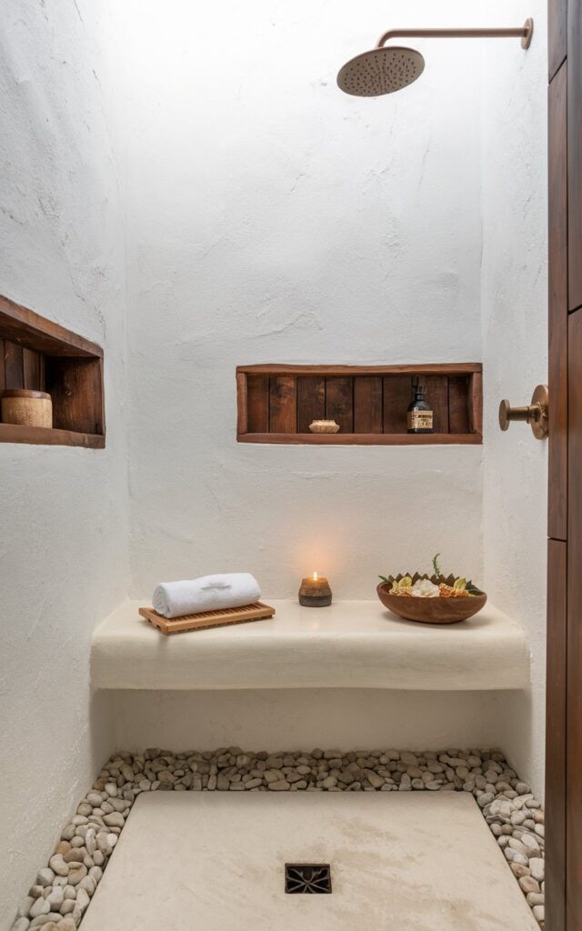 A serene Balinese-chic bathroom featuring a shower bench crafted from smooth white stone, blending luxury with spa-like comfort. The bench tucks seamlessly into the corner, inviting moments of calm beneath a gentle rainfall showerhead. Surrounded by white textured walls and natural materials like teak in-built/recessed shelves and pebble flooring, the space feels grounded and airy. Add a rolled towel, a wooden bowl of flowers, or a candle on the bench.