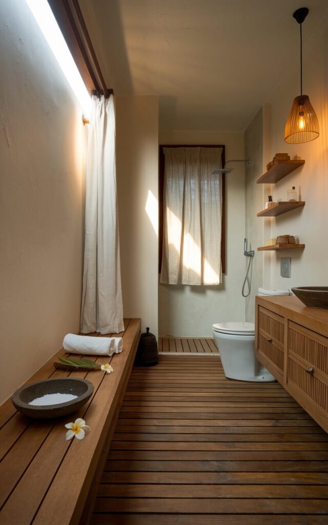 A photo of a serene Balinese-inspired bathroom with a minimalistic touch. The room features a wooden bench along one wall, with a rolled white towel, a stoneware bowl with bath salts, and a frangipani flower. The room has wooden flooring, a vanity, a toilet, a shower area, a curtained window with mild sunlight, floating shelves with essentials, and a hanging pendant light. The light is warm.
