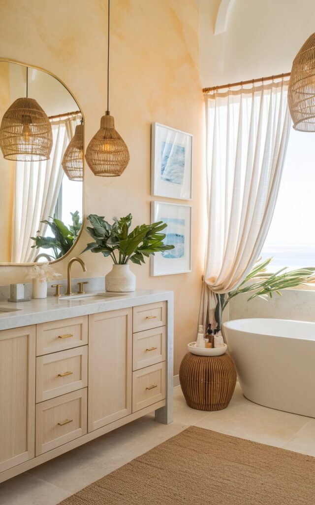 A serene California coastal bathroom with a creamy almond wall that glows softly in the natural light. The warm, breezy tone is perfectly paired with white oak cabinetry and subtle gold accents. A freestanding tub rests near sheer curtains that flutter in the sea breeze. Luxe elements include a marble vanity, oversized coastal artwork, and woven pendant lights with warm light. Lush greenery and woven textures finish the space with an effortlessly elegant, sun-kissed charm.