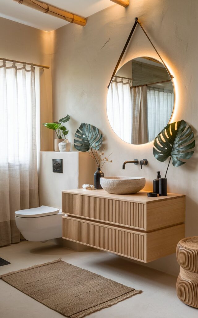 A serene Japandi + Balinese style bathroom featuring a wall-mounted floating vanity made from light natural wood with clean, minimalist lines. The vanity is paired with a ceramic vessel sink and matte black fixtures. A large circular mirror hangs above, with subtle backlighting or bamboo accents. The backdrop includes smooth plaster or limewash walls in soft beige or warm taupe. Add woven textures like a rattan stool or basket, leafy green plants (such as monstera or palm), and ambient lighting for a tranquil, airy vibe. The bathroom also has a toilet, shower area, curtained window, floor rug, etc.