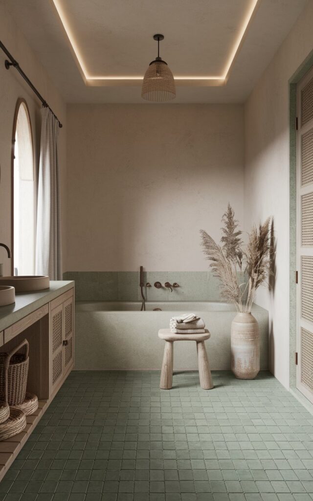A serene Japandi-Boho bathroom with a muted green zellige pattern tile floor. The tiles reflect soft natural light, creating a handcrafted, earthy vibe. Minimalist wooden furniture with clean lines blends effortlessly with woven baskets and rattan accents. A low-profile soaking tub sits on the green-tiled floor, surrounded by a stool with rolled towels and pampas grass in a ceramic vase. The bathroom has a beige wall, a vanity, a curtained window, and a recessed ceiling with a pendant light. The natural light is soft and ambient.