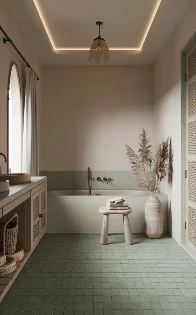 A serene Japandi-Boho bathroom with a muted green zellige pattern tile floor. The tiles reflect soft natural light, creating a handcrafted, earthy vibe. Minimalist wooden furniture with clean lines blends effortlessly with woven baskets and rattan accents. A low-profile soaking tub sits on the green-tiled floor, surrounded by a stool with rolled towels and pampas grass in a ceramic vase. The bathroom has a beige wall, a vanity, a curtained window, and a recessed ceiling with a pendant light. The natural light is soft and ambient.