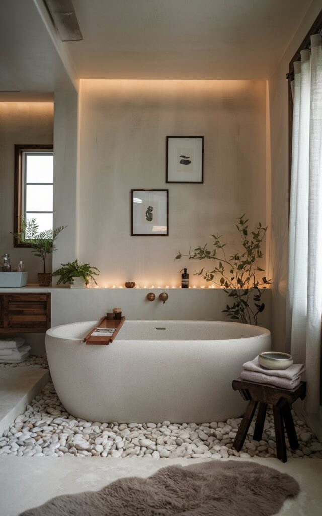 A photo of a serene Japandi bathroom with a deep, freestanding soaking tub set on a bed of smooth white river pebbles. The tub is minimalist and elegant—matte white or soft stone—set against a backdrop of neutral-toned walls (with framed Japandi arts) and subtle lighting. A small wooden stool holds a folded towel and a ceramic bowl, adding functional style. The overall feel is warm, spa-like, and deeply calming. The bathroom also has a vanity, curtained window, a few plants, and a fluffy floor rug.