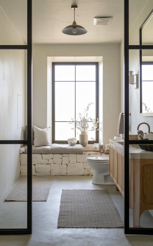 A photo of a serene Japandi-style bathroom with a large window framed in sleek black trim. The window provides soft daylight, illuminating the stone, linen, and warm wood elements. There is a toilet, a vanity, a floor rug, and a ceiling pendant light. The black trim adds a modern definition and architectural edge to the space without overpowering the room's minimalist aesthetic.