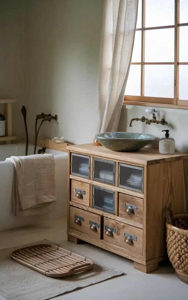 A photo of a serene Japandi-style bathroom with a low-profile vintage apothecary cabinet. The cabinet has tiny drawers with glass fronts and aged metal handles, and its wood finish is warm and natural. The bathroom has a ceramic basin, organic textures like linen towels and bamboo tray, and a curtained window. The surrounding space is uncluttered and calming, with soft lighting.