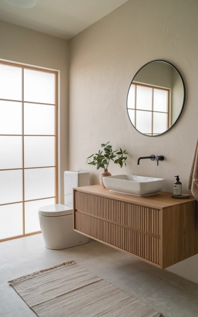 A photo of a serene Japandi-style bathroom with a floating wooden vanity, a white rectangular vessel sink, a wall-mounted matte black faucet, and a frameless round mirror. The bathroom also contains a modern, low-profile toilet, a neutral-toned rug, and a large frosted window. The walls are soft beige or light greige, and there's a small potted plant on the vanity. The overall look is calm, uncluttered, and warm, with a balance of Scandinavian simplicity and Japanese naturalism.