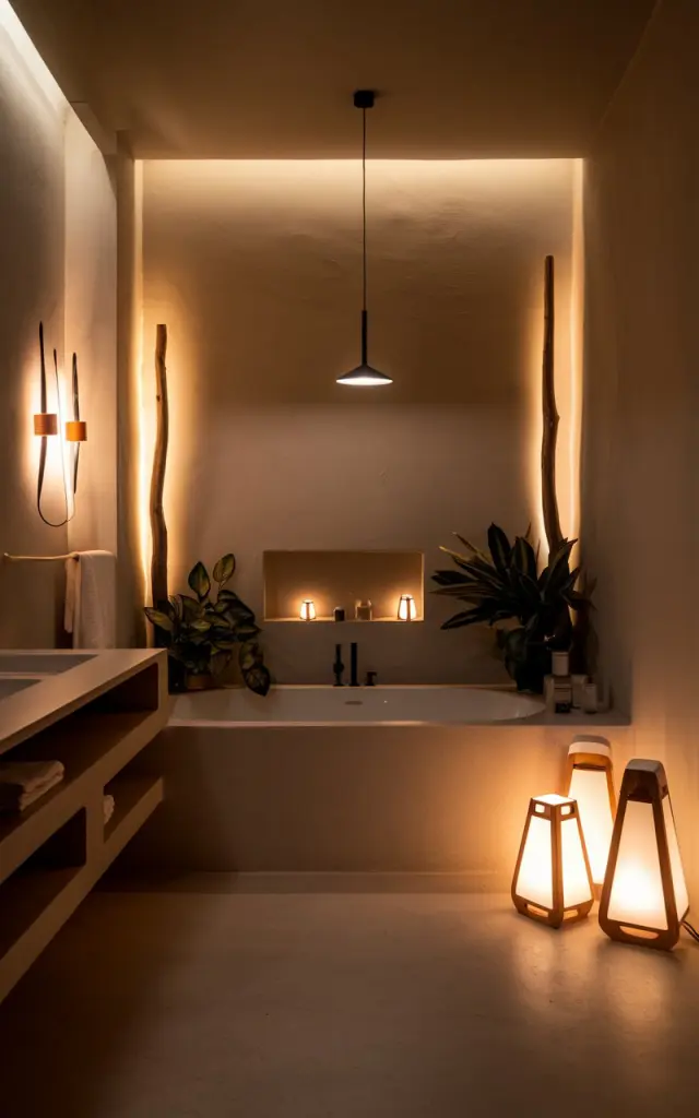 A serene Japandi-style bathroom with a deep soaking tub surrounded by layered lighting: a minimalist pendant overhead, slimline wall sconces with natural wood accents, and a few soft-glow lantern-style floor lamps nearby. Warm, diffused light enhances the calming neutral palette, smooth stone surfaces, and clean, organic lines. Add a few plants. The bathroom also has a vanity, open shelves, etc. No natural light; only warm light from layered lightings.