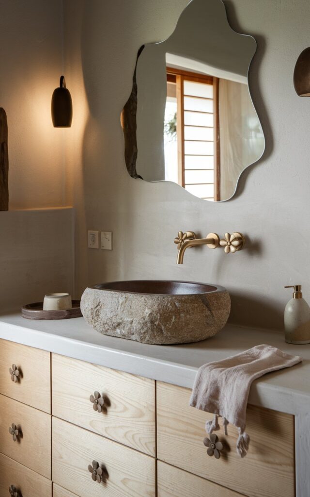 A serene Japandi-style bathroom with a light oak vanity, a natural stone sink, and brushed brass fixtures. The faucet and small flower-shaped drawer handles have matte brass finishes. The walls are neutral-toned, has an unusual shape mirror, and the room has warm wood elements. A small ceramic tray and a linen hand towel are placed in the room. The soft ambient lighting creates a calm, spa-like mood. The overall look is clean, modern, and warm.