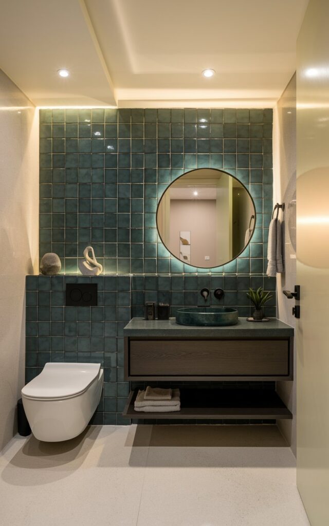 A serene, Modern Asia Zen-inspired bathroom wrapped in bold jade green tiles along one feature wall behind the vanity. The tiles are high-gloss and rich in tone, adding depth and character. In the absence of natural light, soft, layered lighting is key: warm recessed ceiling lights, under-vanity LED strips, and a backlit round mirror create a gentle, diffused glow that mimics daylight. Minimalism defines the space—clean lines, an uncluttered floating vanity in dark wood, and matte black fixtures bring in balance. A single stone sculpture or small bonsai sits on the counter as a mindful accent. The overall feel is meditative and grounding, perfectly harmonizing bold design with tranquil simplicity. The bathroom has a toilet, a shower area, open shelves, etc., photo