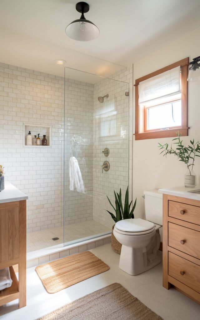 A photo of a serene and thoughtfully crafted bathroom blending warm Craftsman woodwork with minimalist Scandi touches. The corner shower features a frameless glass door that disappears into the design, allowing the natural wood tones and simple tilework to take center stage. Inside, pale stone or matte white tiles line the walls, accented with light oak shower niches for soaps and essentials. The rest of the room features clean-lined built-in cabinetry in quarter-sawn oak, soft white walls, and brushed nickel fixtures. A woven bath mat and a small potted plant sit nearby, enhancing the calm, grounded atmosphere. The bathroom also has a vanity, a toilet, open shelves, curtained window, floor rug, and a ceiling pendant light (warm light on).