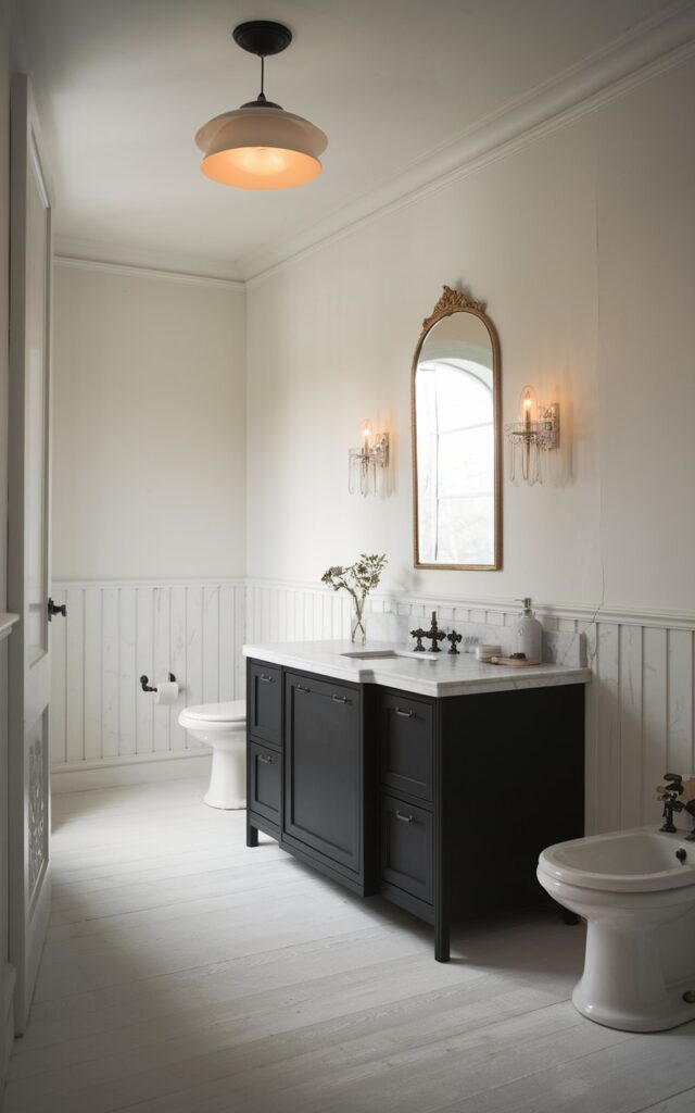 A serene bathroom inspired by modern Gustavian style, featuring elegant black cabinetry paired with a white marble countertop with subtle grey veining. The room embraces a soft, neutral palette with white plastered walls, light wood flooring, and minimal decorative accents. A gilded mirror and delicate crystal sconces introduce classic Swedish charm, while matte black hardware adds a modern edge. The ceiling has a pendant light (warm light on). The room is brightened by natural light, which is filtered and soft.