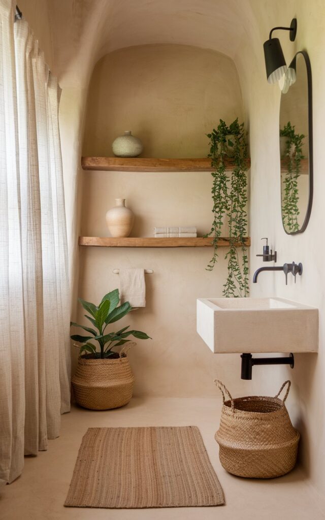 A photo of a serene bathroom painted in warm beige with smooth matte walls, creating a cozy and inviting base. Minimalistic floating wooden shelves display simple pottery and lush green plants. Natural woven baskets and a jute rug add subtle boho texture. Sleek black fixtures and a frameless mirror keep the space clean and uncluttered, blending warmth with effortless minimalism. Soft natural light filters through linen curtains, enhancing the calm, earthy vibe.