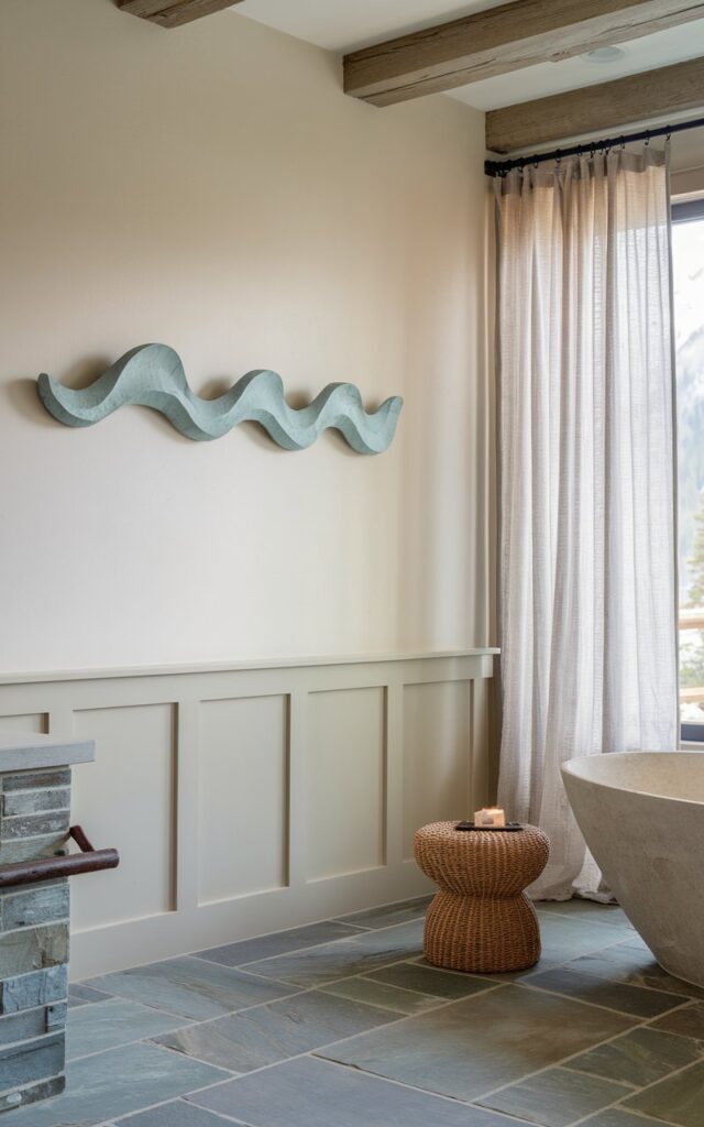 A photo of a serene coastal-alpine chic bathroom with a soothing palette of driftwood tones, soft whites, and stone grays. On a large blank wall, a big sculptural wall object —such as a carved wooden wave in ocean blue —is mounted as an artful focal point. The wall may feature pale paneling for added depth. The room includes elements like a freestanding tub, raw wood beams, stone or slate tile flooring, and a woven stool. Nearby, a large window lets in filtered mountain light, with soft gauze curtains gently billowing, completing the cozy, nature-inspired retreat feel.