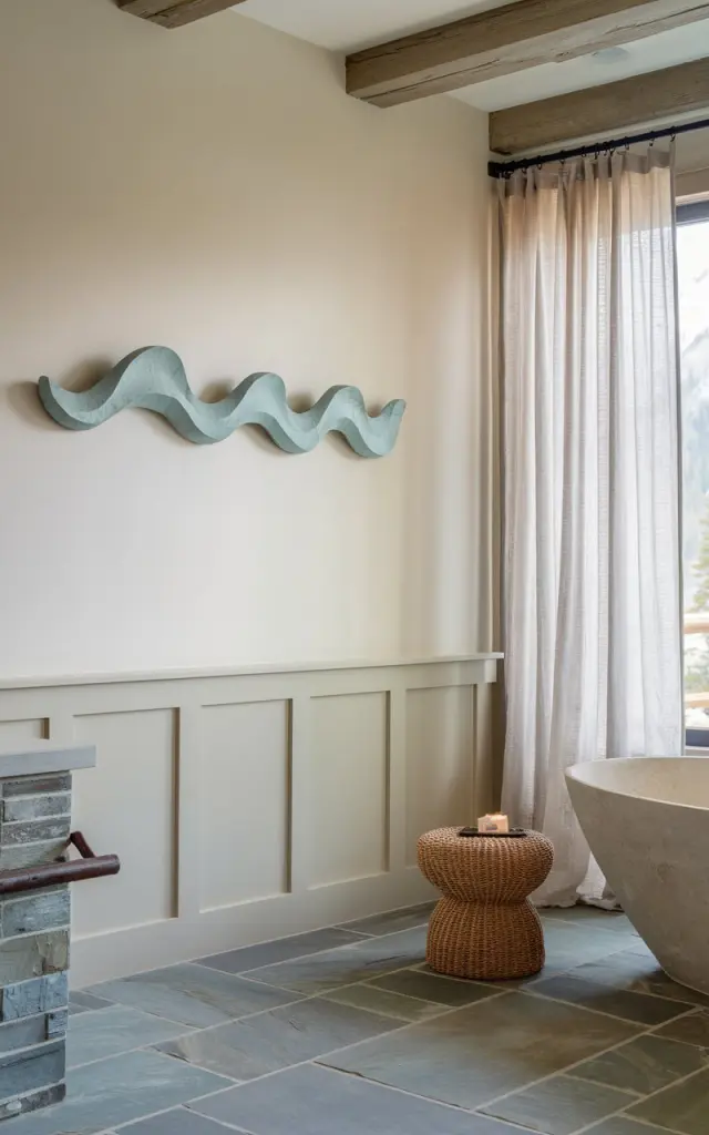 A photo of a serene coastal-alpine chic bathroom with a soothing palette of driftwood tones, soft whites, and stone grays. On a large blank wall, a big sculptural wall object —such as a carved wooden wave in ocean blue —is mounted as an artful focal point. The wall may feature pale paneling for added depth. The room includes elements like a freestanding tub, raw wood beams, stone or slate tile flooring, and a woven stool. Nearby, a large window lets in filtered mountain light, with soft gauze curtains gently billowing, completing the cozy, nature-inspired retreat feel.