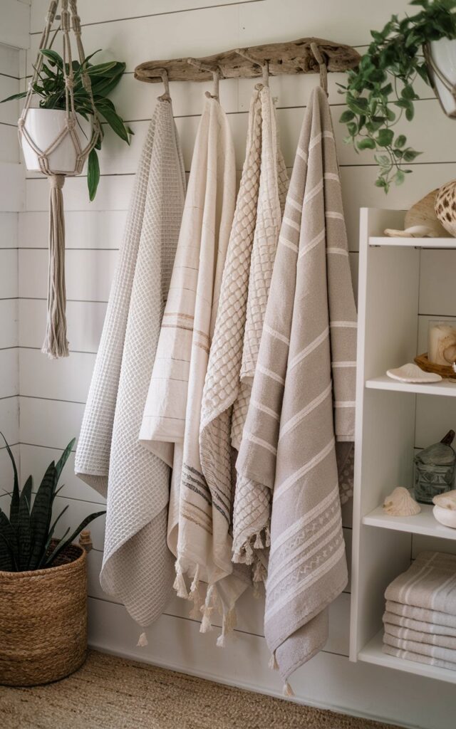 A photo of a serene coastal boho bathroom with a curated mix of neutral-toned towels hanging from rustic wooden hooks. The towels vary in texture, with waffle weave, soft linen, and plush cotton, and have subtle patterns in sandy beige, ivory, and light gray hues. The backdrop features white shiplap walls, a natural fiber rug, and driftwood accents. Potted greenery and macramé planters add bohemian flair. Open shelves hold shells and beachy decor, creating a relaxed, boutique-style seaside sanctuary.