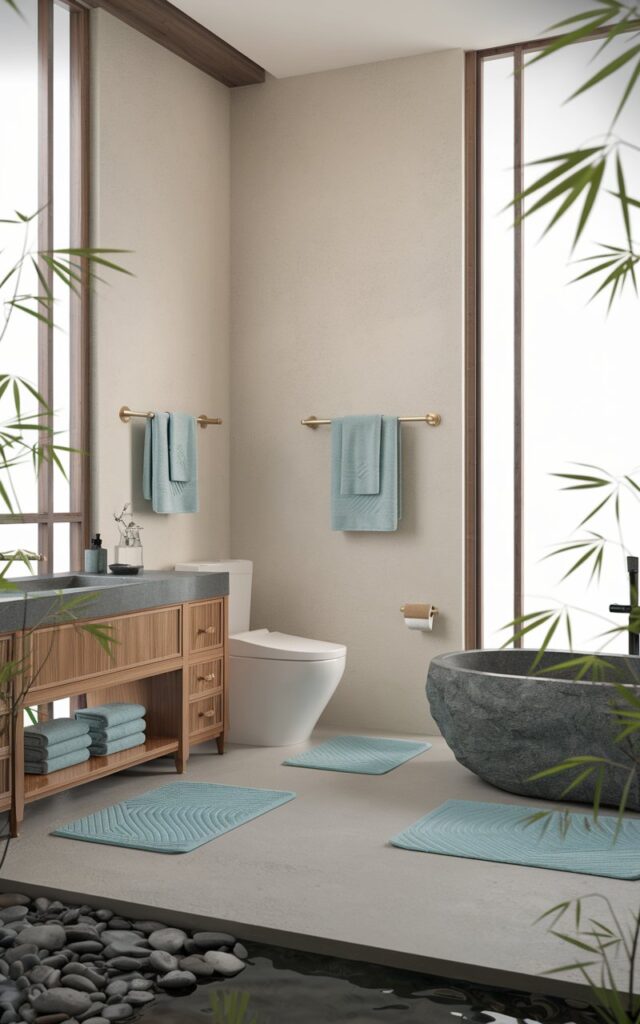 A serene, minimalist Asian Zen-inspired bathroom with a fully furnished vanity, a toilet, and a freestanding stone bathtub. There are soft powder blue towels hanging on a brass towel bar and blue patterned mats. The space combines natural wood elements with sleek modern fixtures. Bamboo plants and smooth river stones add a touch of nature. Large windows let in diffused natural light, enhancing the tranquil atmosphere.