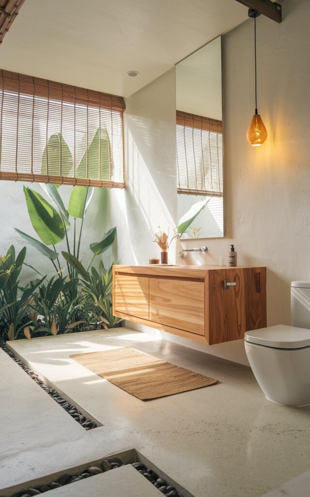 A serene minimalistic Balinese bathroom featuring a sleek floating vanity made of natural teak wood with clean lines, mounted against a smooth white plaster wall. The vanity floats above a polished stone floor with subtle textures. Soft natural light filters through bamboo blinds, highlighting lush green tropical plants nearby. The space combines warm wood tones with minimalist design, creating an open, airy, and tranquil atmosphere that blends modern simplicity with Balinese natural elements. The space has a vanity, toilet, floor rug, pendant light with warm light, etc., photo