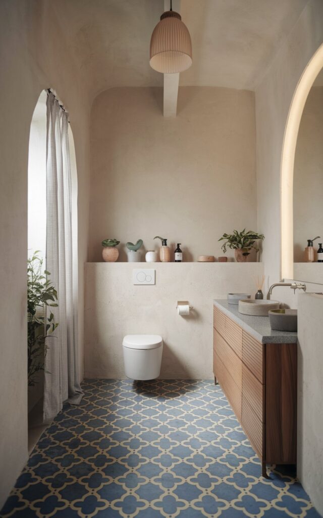 A photo of a serene modern Japandi bathroom with a Moroccan-inspired blue patterned floor. The bathroom features a clean, minimalist design with a warm wood vanity, smooth stone surface, and soft beige or off-white wall. There is a gentle ceiling pendant lighting, minimal decor, and calming textures. The room has a toilet, curtained window, and a few plants.