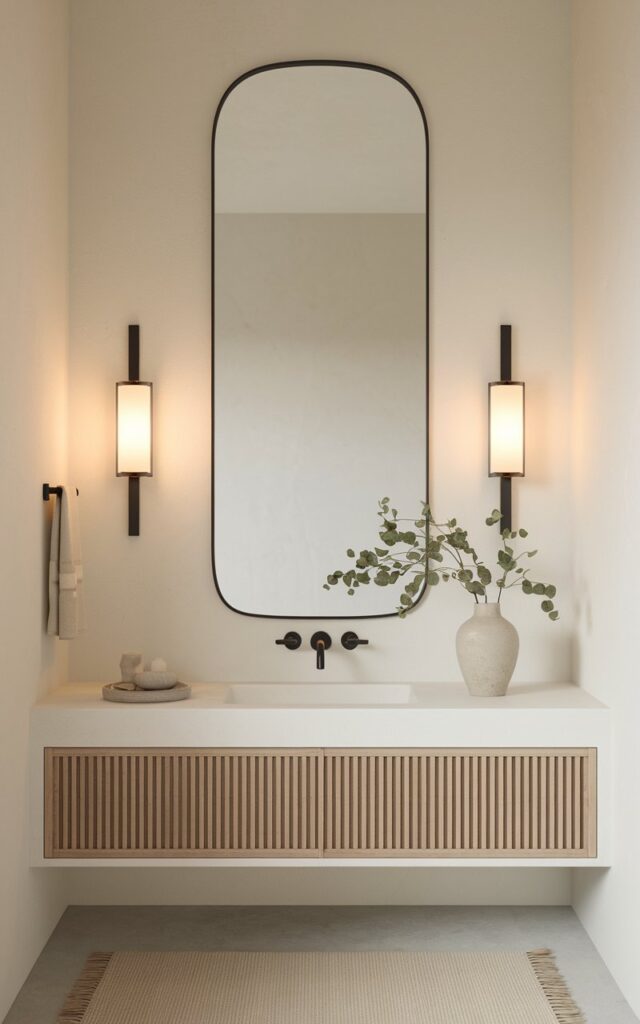 A serene modern Japandi bathroom with a minimalist white floating vanity featuring clean lines and natural wood accents. On either side of a frameless mirror, sleek matte black sconces with simple cylindrical shades emit warm light. The walls are painted in a soft off-white. The space is styled with smooth stone accessories, a neutral rug, and a touch of greenery in a ceramic vase. The black sconces act as quiet visual anchors, blending Japanese simplicity with Scandinavian warmth in a harmonious, balanced design.