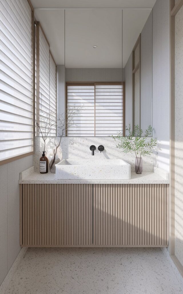 A serene modern Japandi bathroom with a minimalist white terrazzo sink that adds subtle texture and visual interest. The space features clean lines, light wood cabinetry, and soft gray accents, blending Scandinavian simplicity with Japanese calm. Natural light filters in through sheer blinds, highlighting the speckled terrazzo surface. The overall mood is peaceful, tactile, and thoughtfully curated, with every element serving form and function in perfect balance. The vanity and bathroom is fully furnished and well-decorated. Add a few plants.