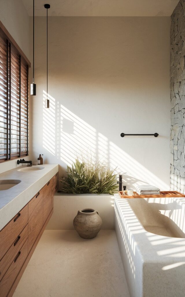A serene modern Japandi bathroom with smooth off-white walls that create a calm, timeless backdrop. Natural light filters through slatted wood blinds, casting soft shadows on clean-lined oak cabinetry. Warm wood tones and black metal accents—like a minimal towel bar and pendant lights—add contrast and structure. A deep soaking tub sits near a textured stone wall, paired with ceramic vessels and neatly folded linen towels. Greenery in a low, handmade pot adds a pop of life. The space feels tranquil yet alive, blending simplicity with grounded beauty.
