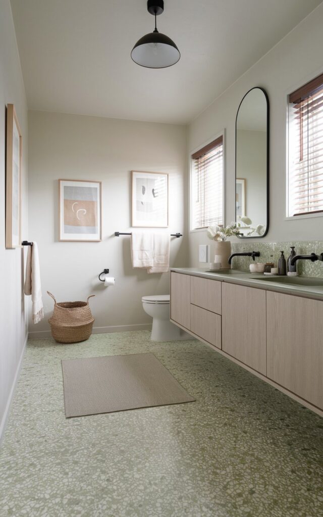 A photo of a serene modern bathroom floor covered in green terrazzo tiles. The tiles blend soft moss and emerald chips with a smooth, light base. The terrazzo's natural speckled pattern adds subtle texture without overwhelming the minimalist Japandi aesthetic. Clean lines define the space, with a low-profile wooden vanity in light oak and matte black fixtures. Neutral-toned walls and natural fiber accents like woven baskets and linen textiles complete the look. The ceiling has a pendant light, and the walls have framed art. The floor has a rug. The bathroom also has a toilet, blinds window, etc.
