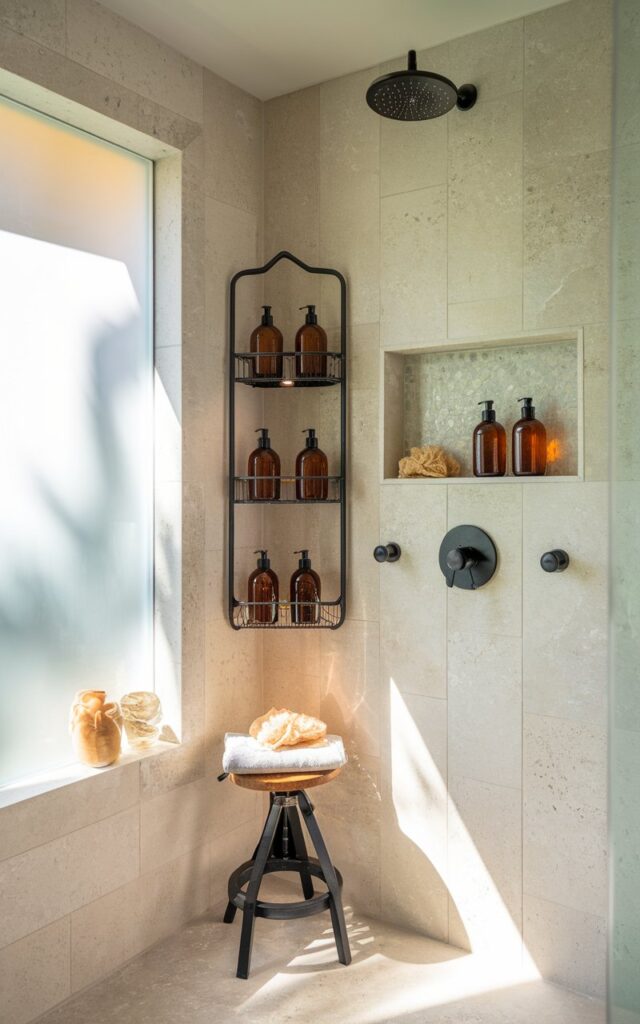 A photo of a serene shower area blending Japandi minimalism with Mediterranean warmth. The shower area has a matte black corner-mounted metal caddy that holds neatly arranged amber glass bottles and natural loofahs. The shower area is tiled with soft beige textured stone tiles. There is a black rainfall shower head, recessed shelves with LED lights, and a stool for relaxing. Sunlight filters softly through a frosted window. The overall feel is calm, functional, and effortlessly elegant.