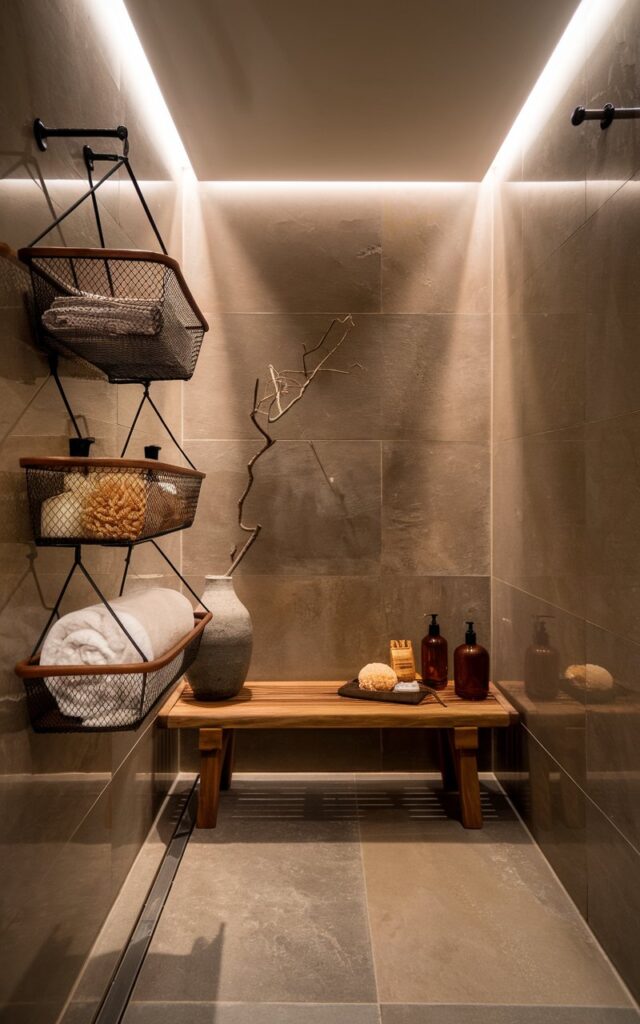 A serene, spa-like Asia Zen-inspired bathroom with a large-format stone tiled walk-in shower area in warm taupe tones. There are mesh hanging baskets clipped from a tension rod onto a wall, holding rolled white towels, natural sea sponges, and amber glass bottles with bath products. A teak bench sits in the corner, and a single leafy branch in a stone vase adds a meditative touch. Soft lighting glows from a hidden LED strip along the ceiling. The overall atmosphere is calm, uncluttered, and deeply restorative.