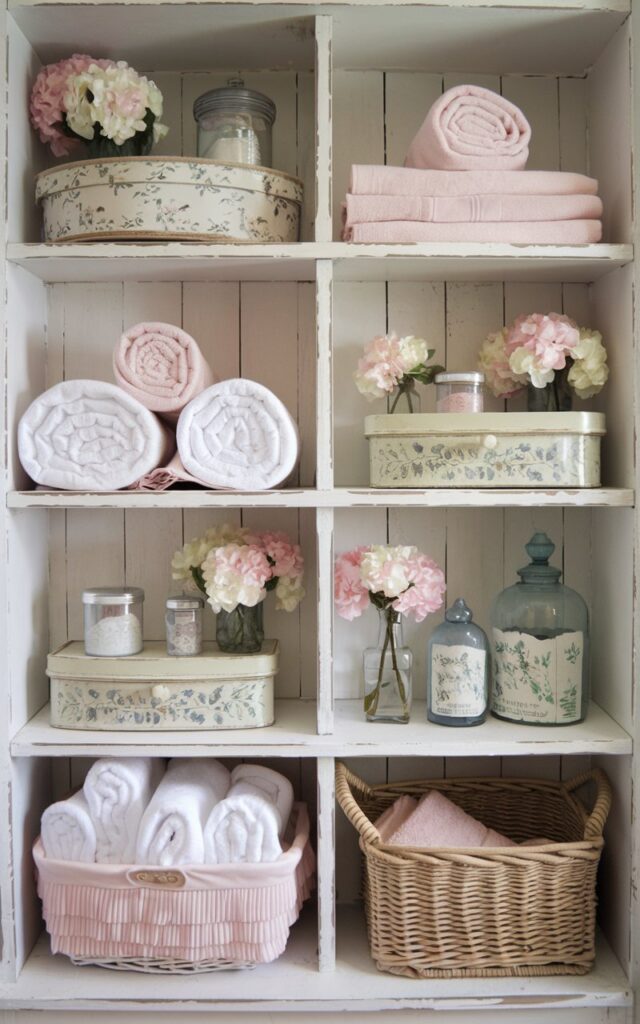 A photo of a shabby chic white bathroom with charming open cubbies built from distressed white wood, perfect for storing towels and vintage-style baskets. Each shelf holds rolled linens, floral-print boxes, or antique glass jars, creating an effortlessly organized yet romantic feel. Soft pastel accents, ruffled fabric details, and dainty floral touches complement the rustic elegance. The cubbies feel both functional and decorative, like a sweet little corner in a storybook cottage.