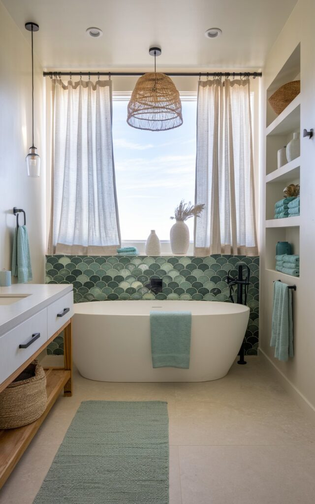 A photo of a sleek coastal-modern bathroom with a green fish-scale tile pattern backsplash behind a freestanding white soaking tub. The tiles range from seafoam to emerald green. Clean lines and minimalist fixtures in matte black contrast beautifully with natural driftwood accents and sandy beige walls. A large window lets in plenty of natural light, revealing soft coastal décor—like woven baskets, sea glass vases, and linen curtains gently swaying in the breeze. The bathroom is fully furnished with essentials such as a vanity, floor rug, open shelves, pendant light, etc.